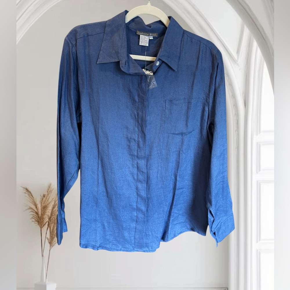 NEW ISABELLA BIRD 100% Linen Blue Button Down Long Sleeve Shirt Top L‎